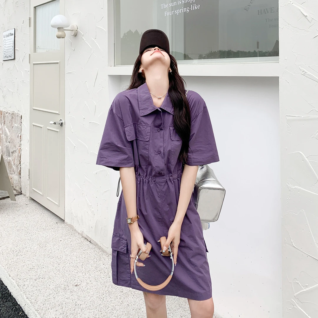 紫色设计感小众工装连衣裙女2025夏季新款韩系酷飒风收腰休闲裙子