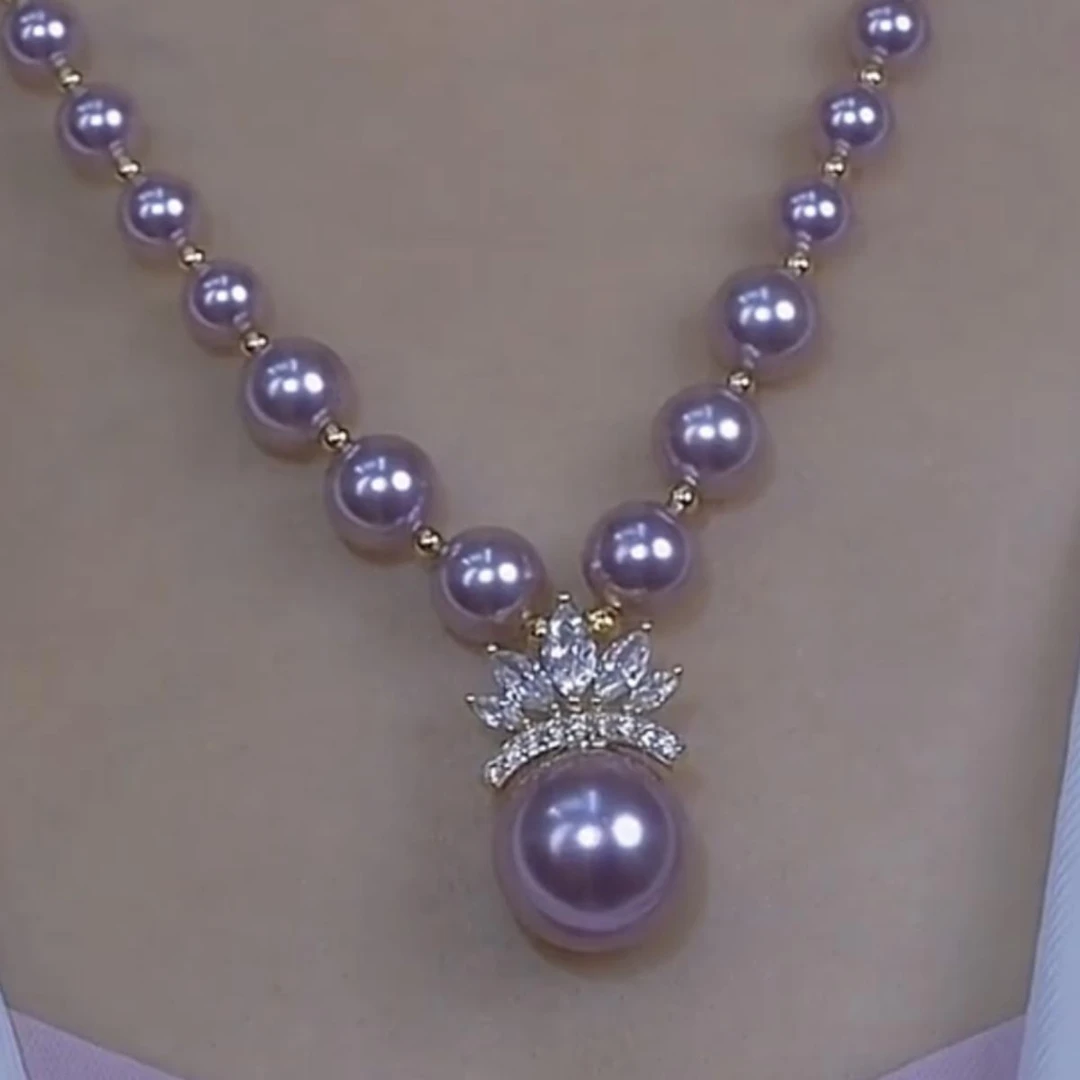 新款 法式奢华紫色珍珠皇冠项链女气质紫罗兰王妃毛衣链首饰女