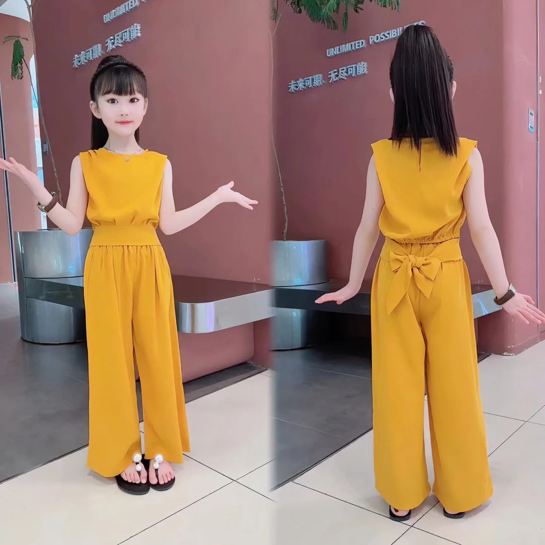 女童夏季时尚套装女2025夏款洋气无袖上衣阔腿裤两件套气质夏装潮