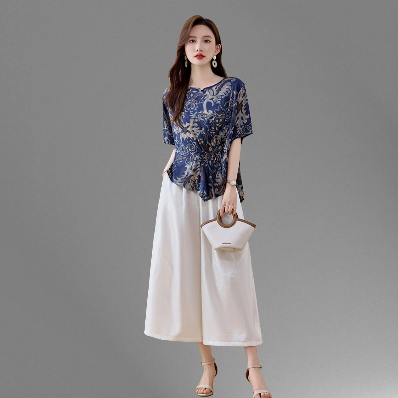 气质年轻妈妈国风套装女2025夏季新款高级感花色上衣阔腿裤两件套