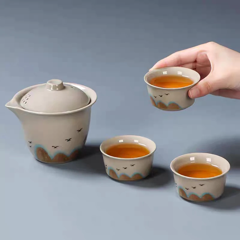 远山旅行茶具手抓壶一壶三杯带包-2568