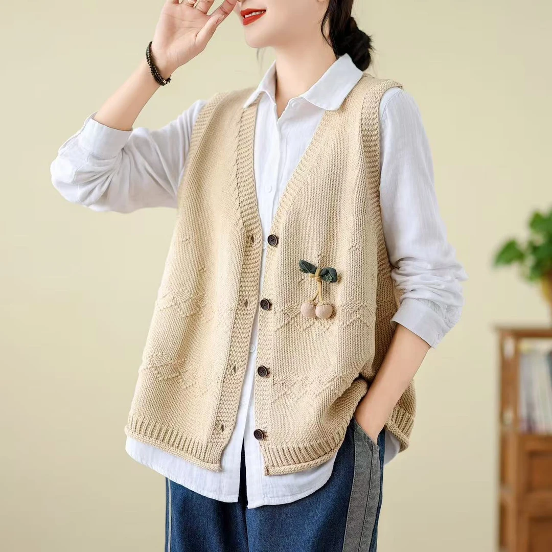 手工花朵V领棉线针织马甲开衫女宽松显瘦春秋新复古休闲外穿坎肩