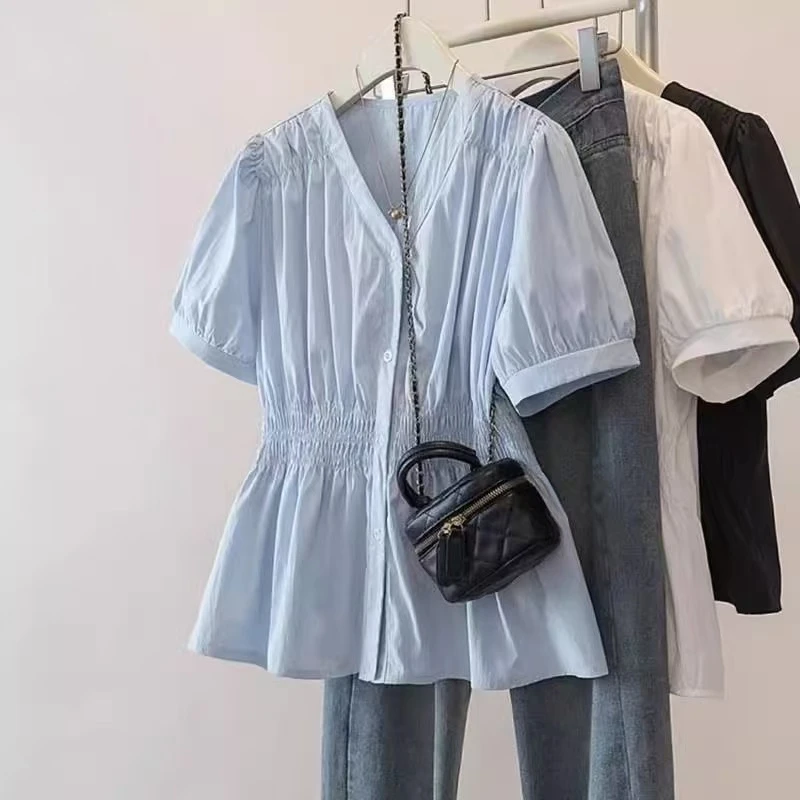 大码女装胖mm夏新款2025褶皱收腰纯色衬衫短袖休闲气质洋气衣服女