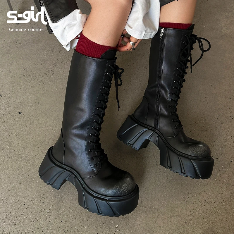 SGIRL TWTW复古厚底大头靴子2025新款时尚高筒靴显瘦不过膝长靴女
