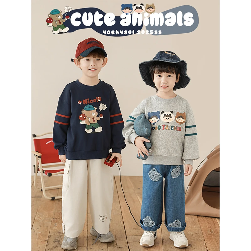 【25年春二波】原创卡通印花男宝时尚 装饰织带 落肩休闲卫衣N5758