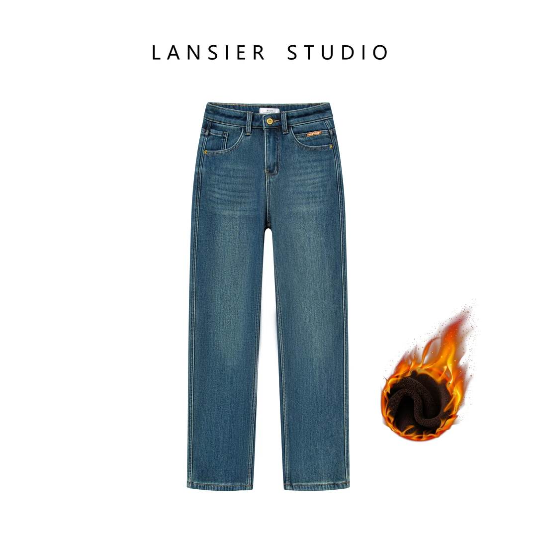 25秋冬款加绒弹力黛绿时尚胖mm显瘦中高腰百搭窄版直筒牛仔裤1012