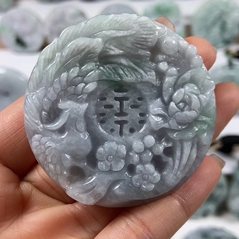 翡翠颈饰未镶嵌山水花开富贵双喜临门两面工福利翡翠