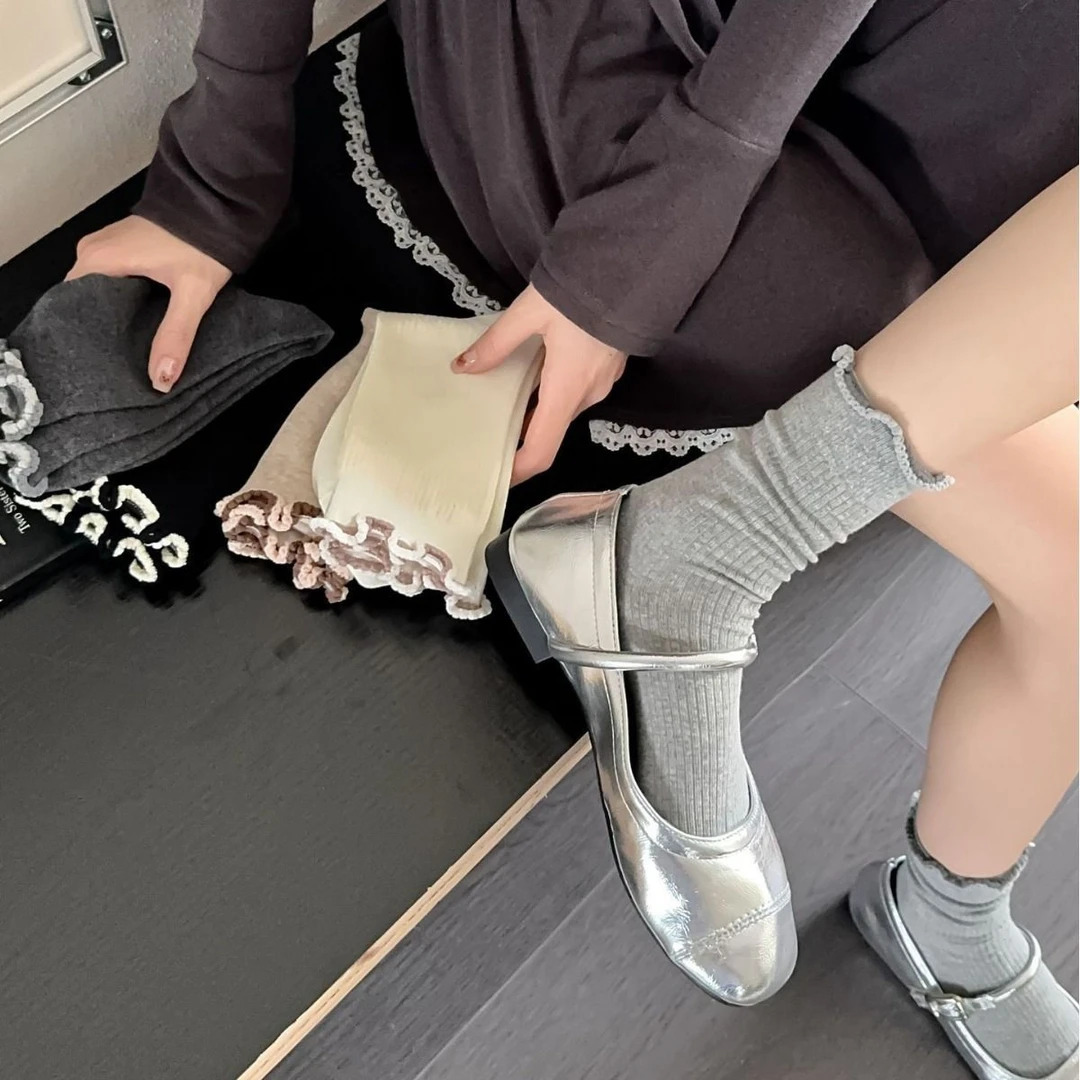 纯色ins春夏木耳边袜夏季薄款防臭韩系慵懒搭配小皮鞋堆堆中筒袜