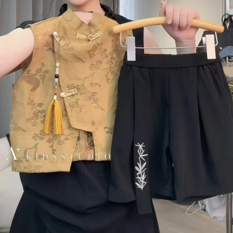 【文文妈】新中式国风唐装2025新款夏季背心儿童时髦坎肩提花马甲