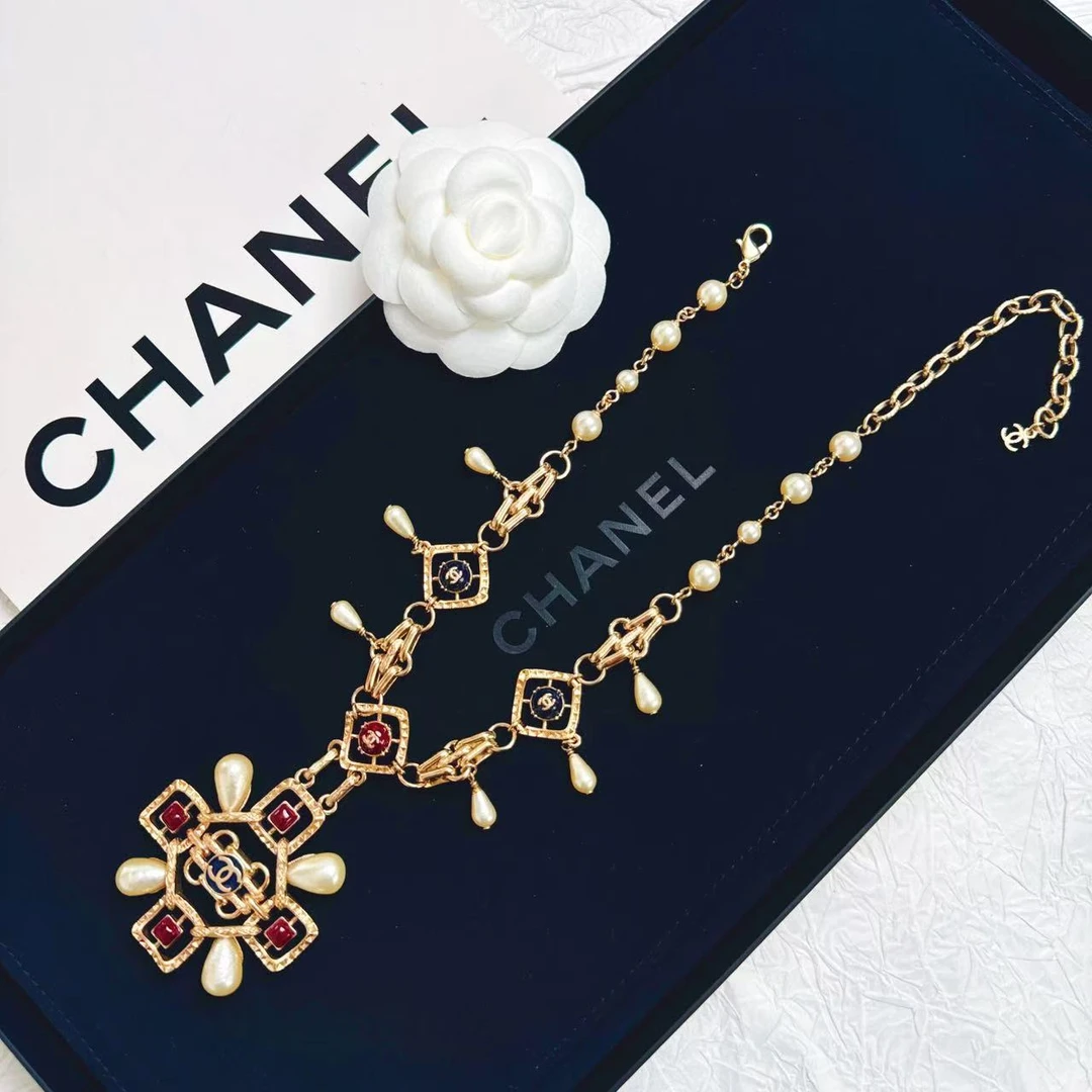 95新 Chanel/香奈儿 柚礼中古/香奈儿红蓝珐琅珍珠项链NG501006