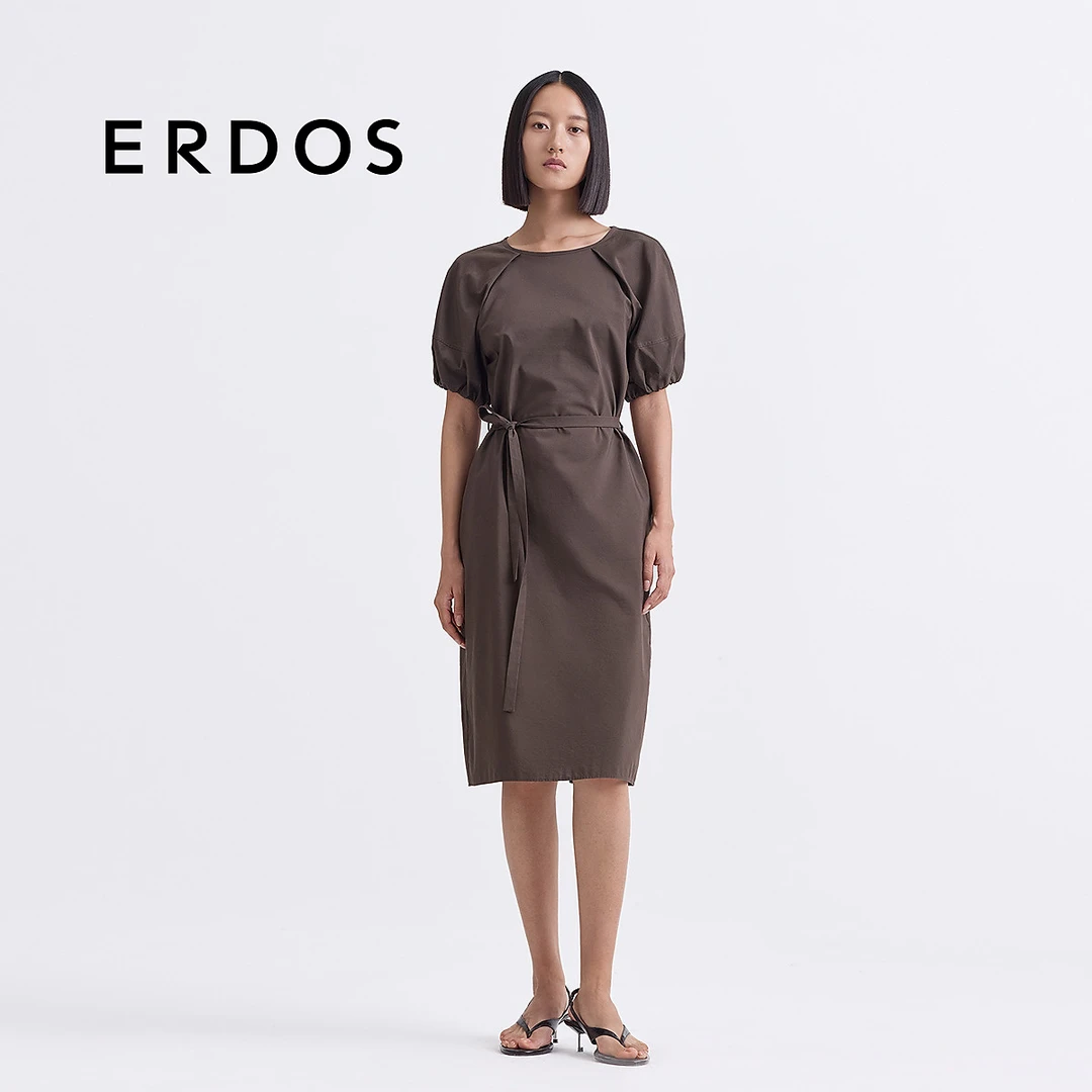 ERDOS 粉末咖啡色丝棉府绸泡泡袖A字连衣裙【银莲花】25年夏新品