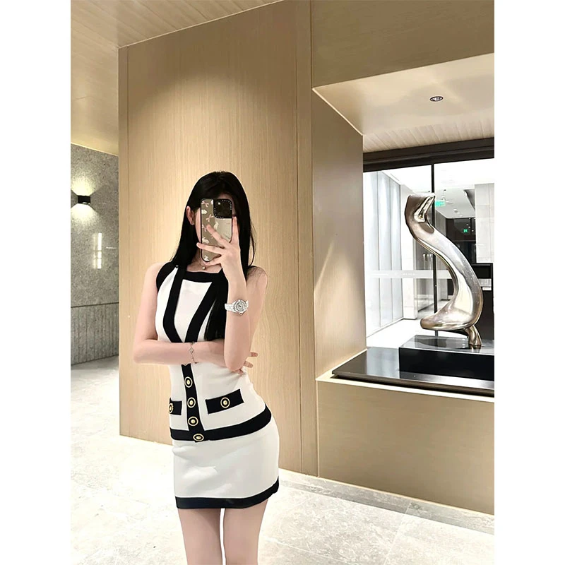 韩系财阀千金范设计感撞色百搭小众洋气小香风修身连衣裙女