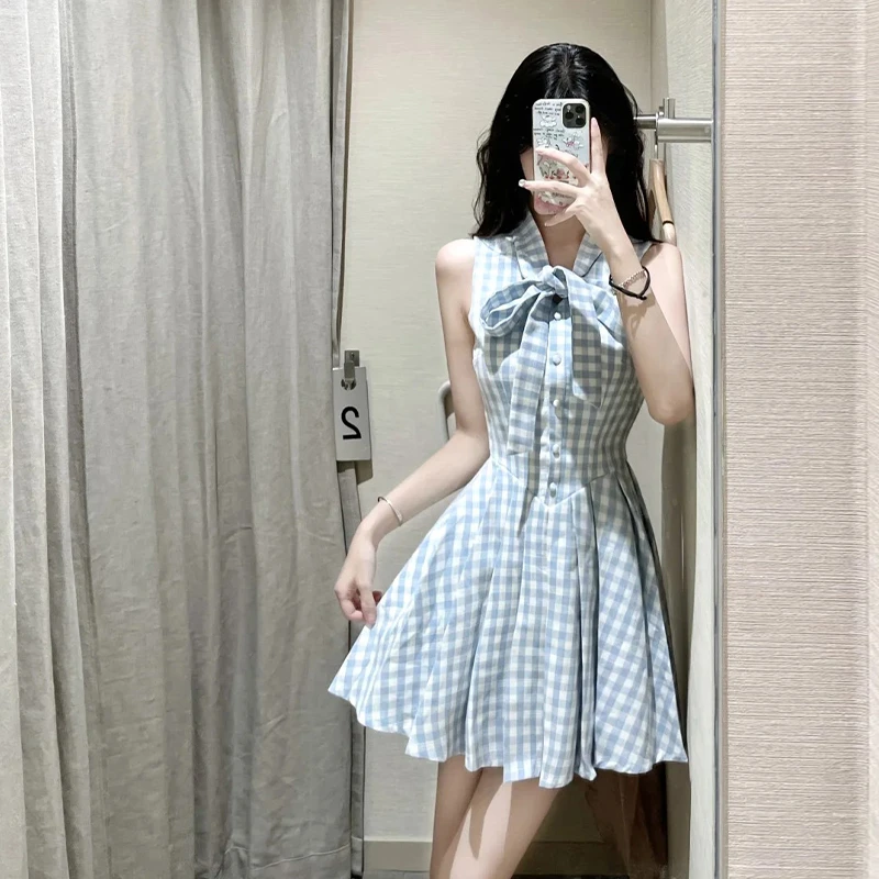 4145新款法式蓝色无袖v领格子公主连衣裙子小个子女百褶短裙