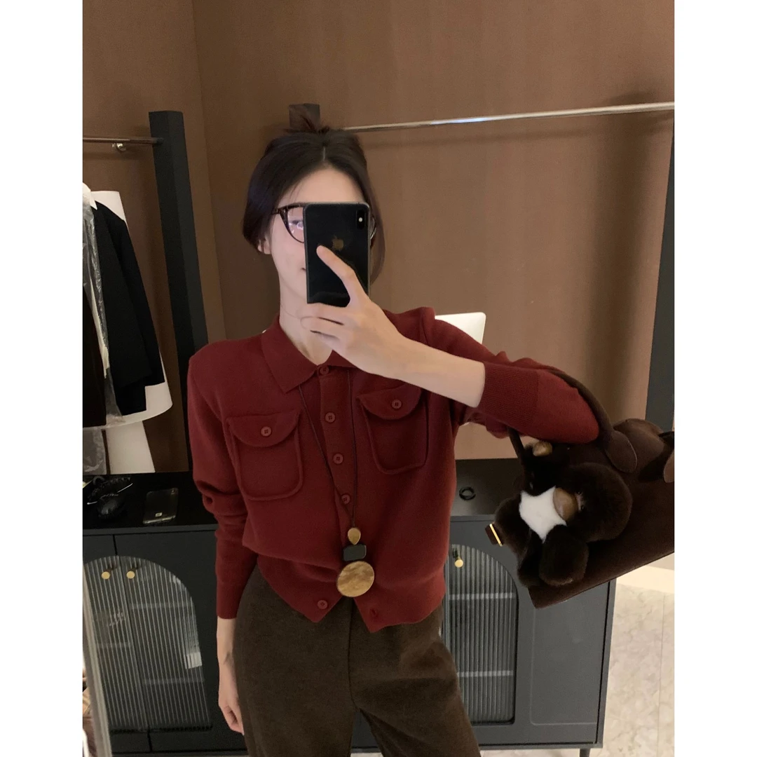 韩版气质针织开衫女秋冬POLO领毛衣上衣