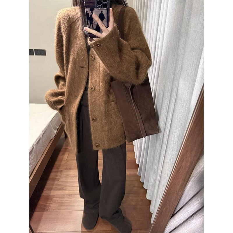 棕色美拉德复古v领毛呢外套女装秋冬季美拉德女士中长款毛呢外套