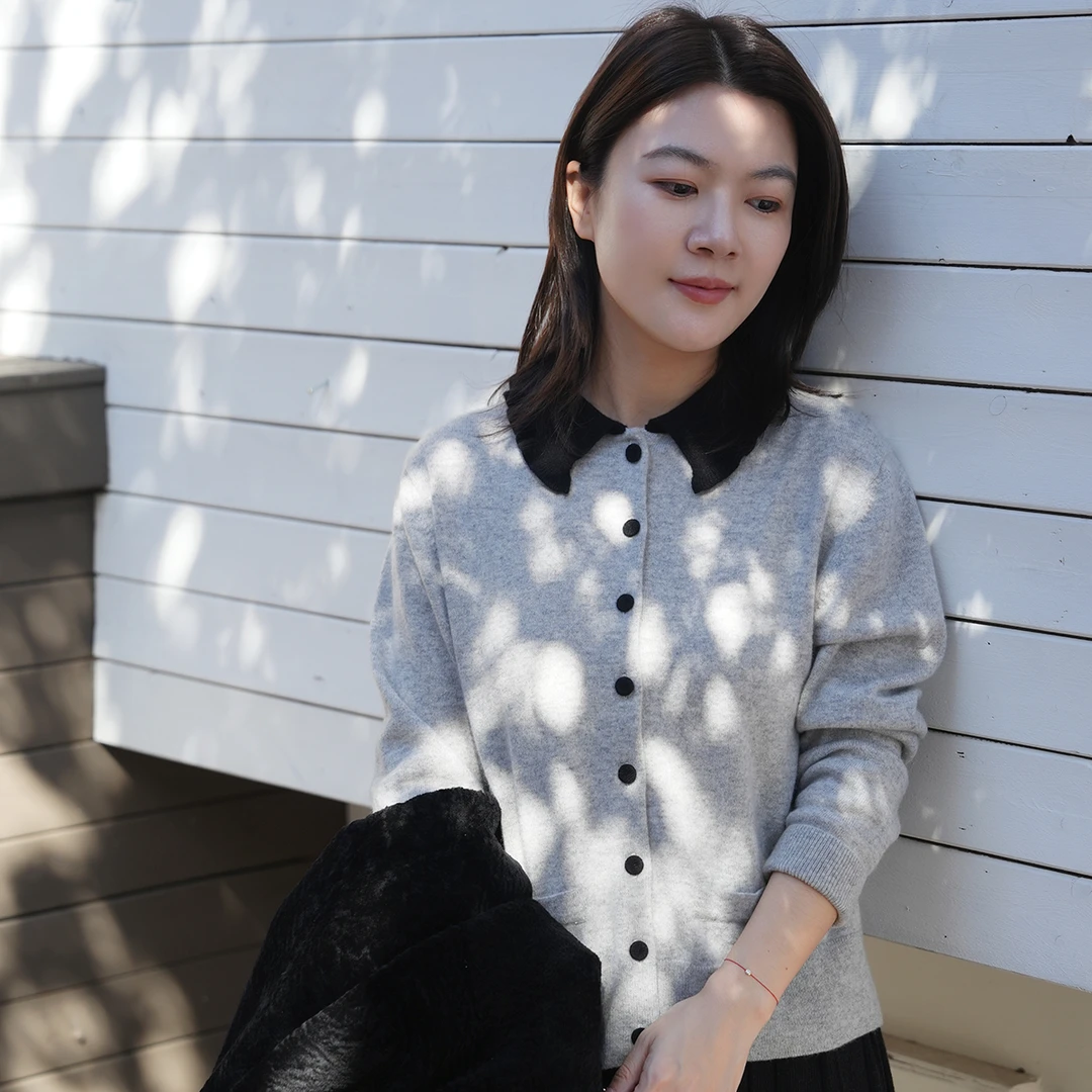 曼辰manchenh"月神降临"重磅100羊绒撞色小翻领气质针织开衫