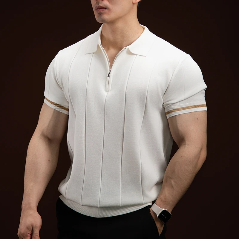 针系列短袖polo衫条纹抗皱透气男士商务休闲弹力翻领T恤