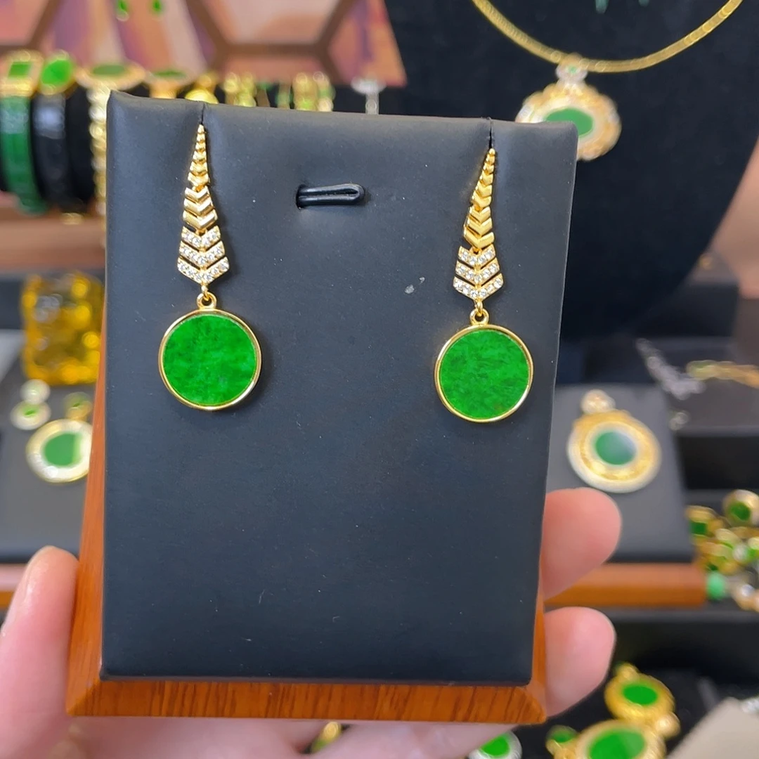 翡翠银S925镀金镶嵌耳饰