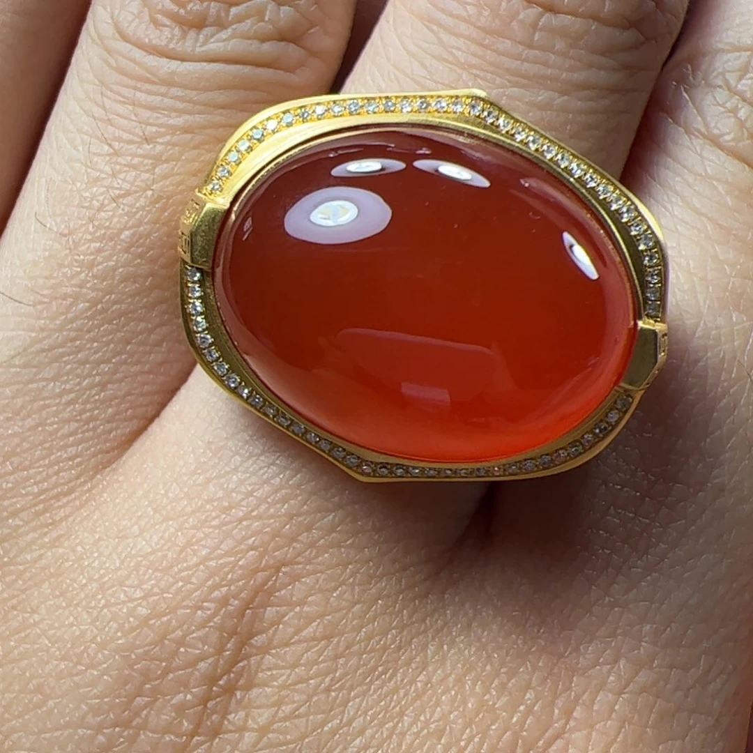 南红玛瑙男戒18K金镶嵌