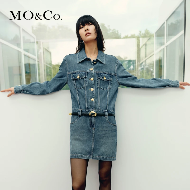 MOCO春季金扣短款牛仔连衣裙(附腰带)美式复古MBC1DRST31