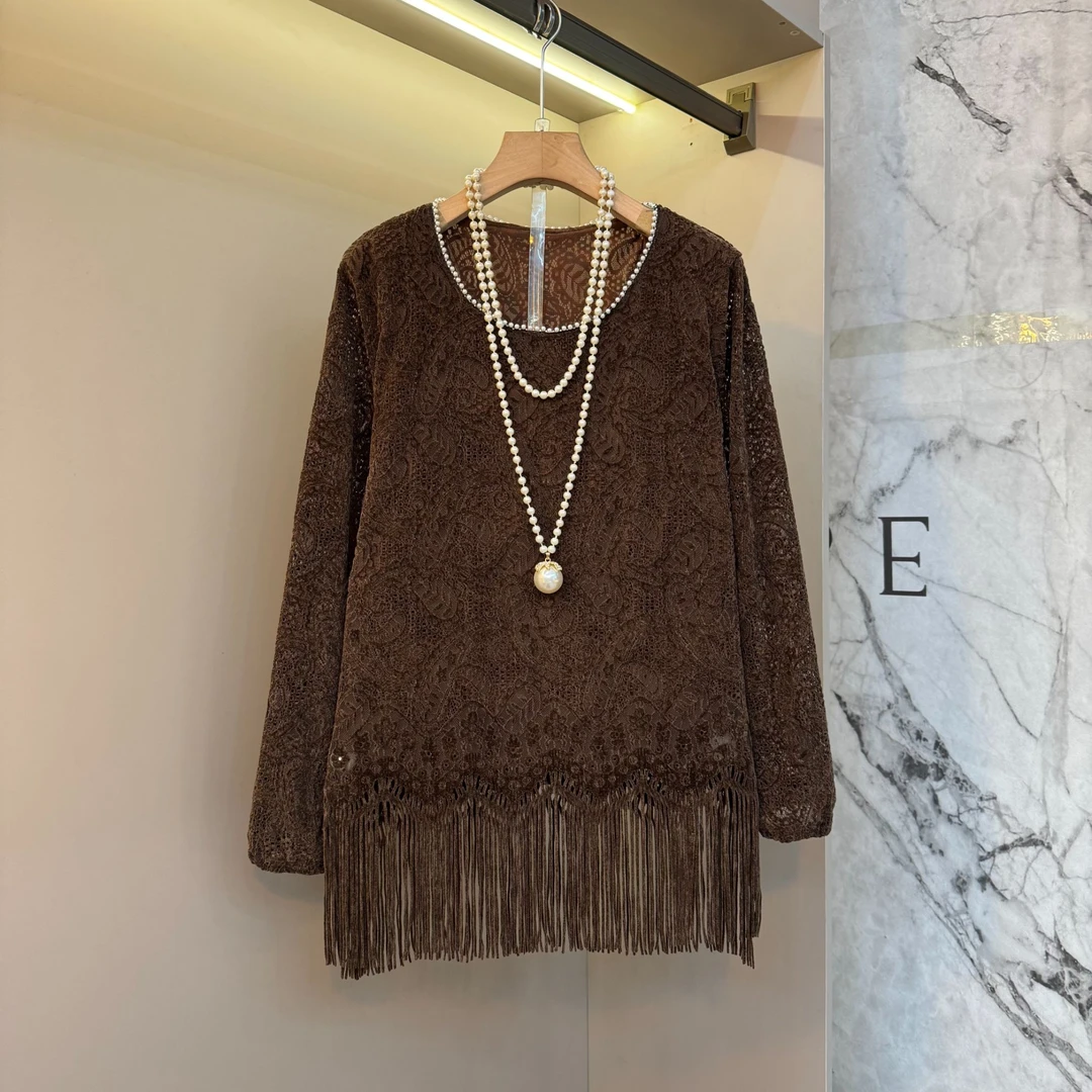 2025欧货韩版时尚洋气圆领钉珠流苏设计感宽松显瘦遮肉上衣25219