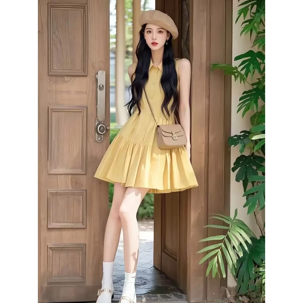 2025新款法式高级感气质大方得体收腰黄色亚麻衬衫连衣裙长裙时尚
