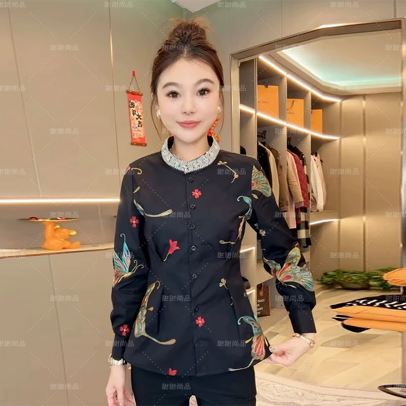 时尚立领钉珠收腰长袖衬衫女2025春季彩绘蝴蝶刺绣气质百搭衬衣潮
