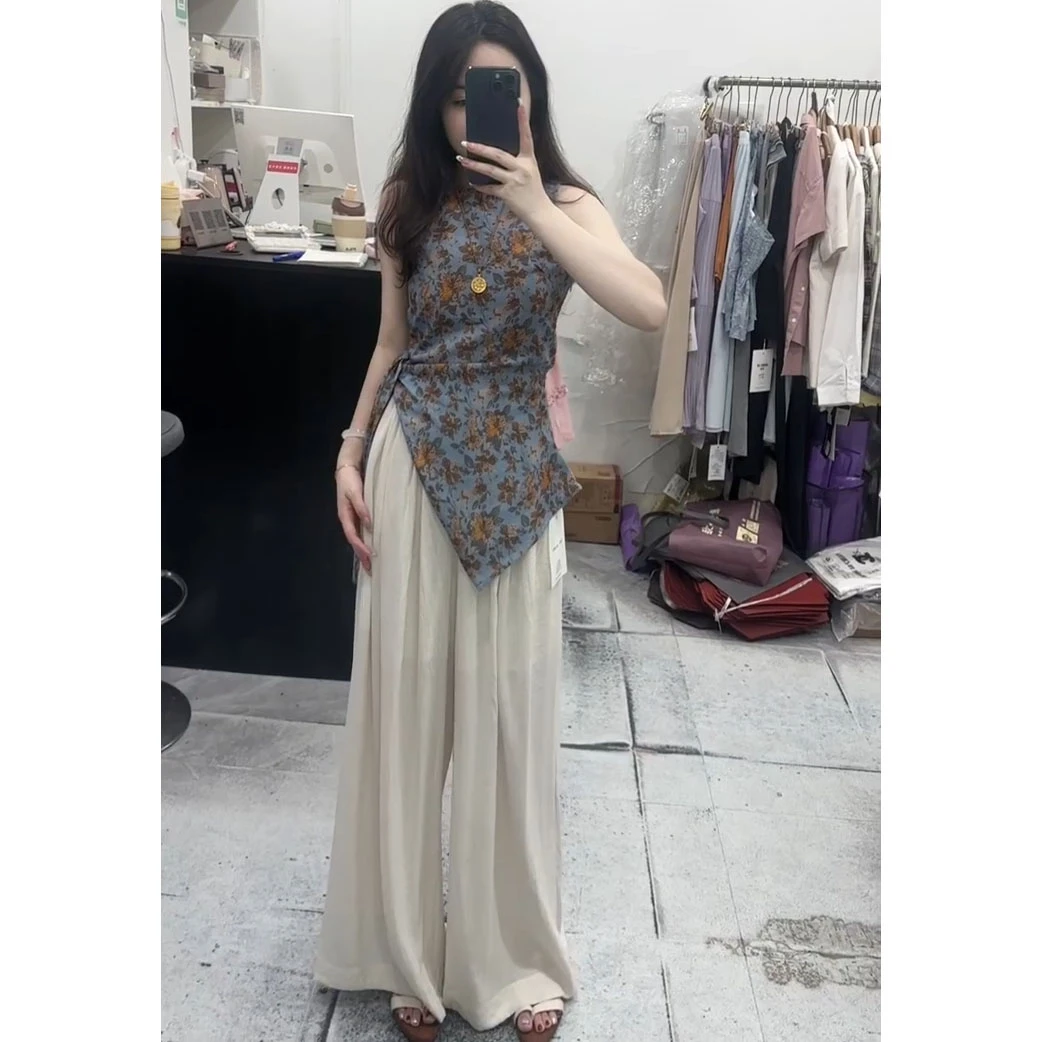 夏季温柔系穿搭2025新款韩版碎花气质百搭上衣简约休闲裤子两件套