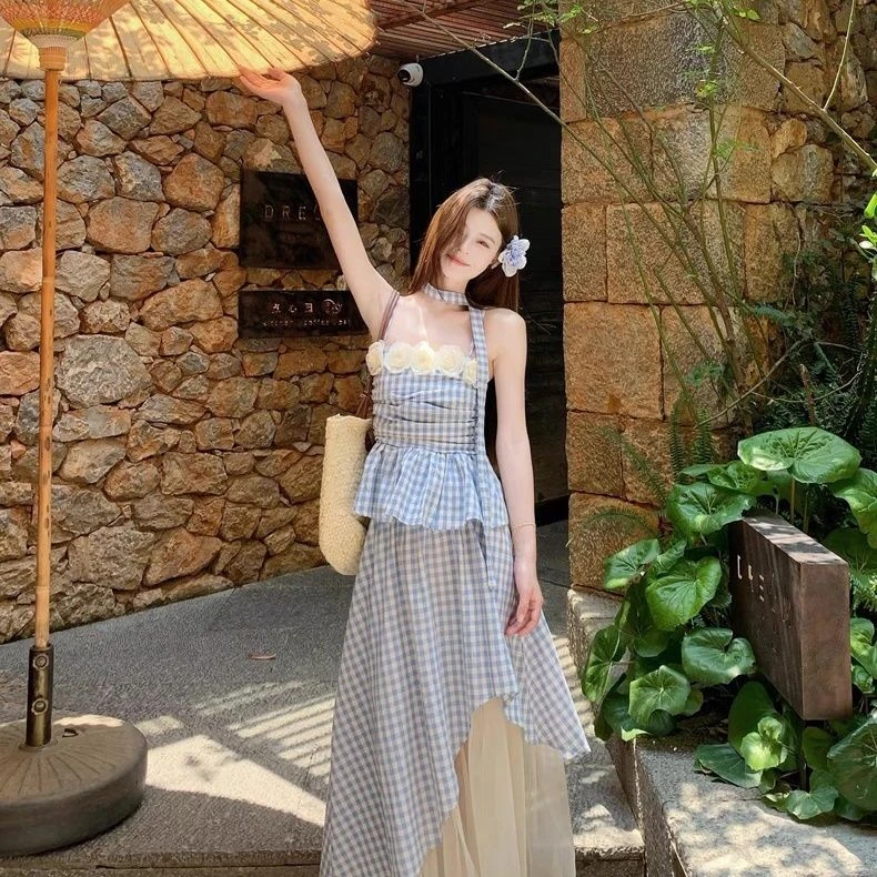 法式修身显瘦格子吊带网纱拼接不规则半身裙女夏季新款两件套