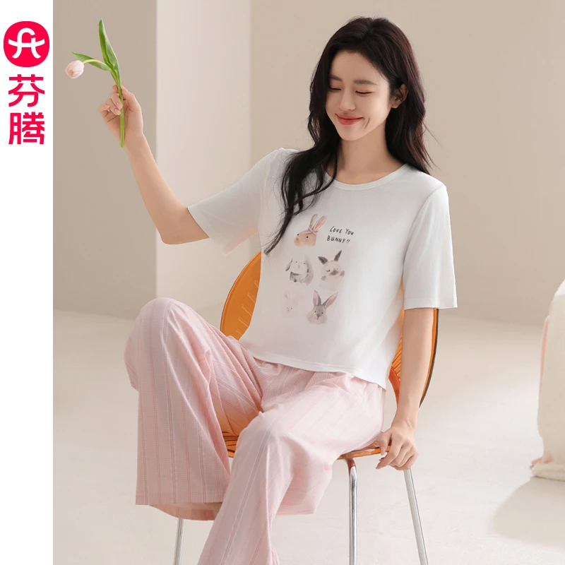 芬腾睡衣女士夏季薄款短袖长袖套装休闲可爱宽松女款可外穿家居服