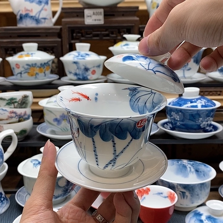 手绘内外绘荷花160cc三才釉下彩微瑕福利款