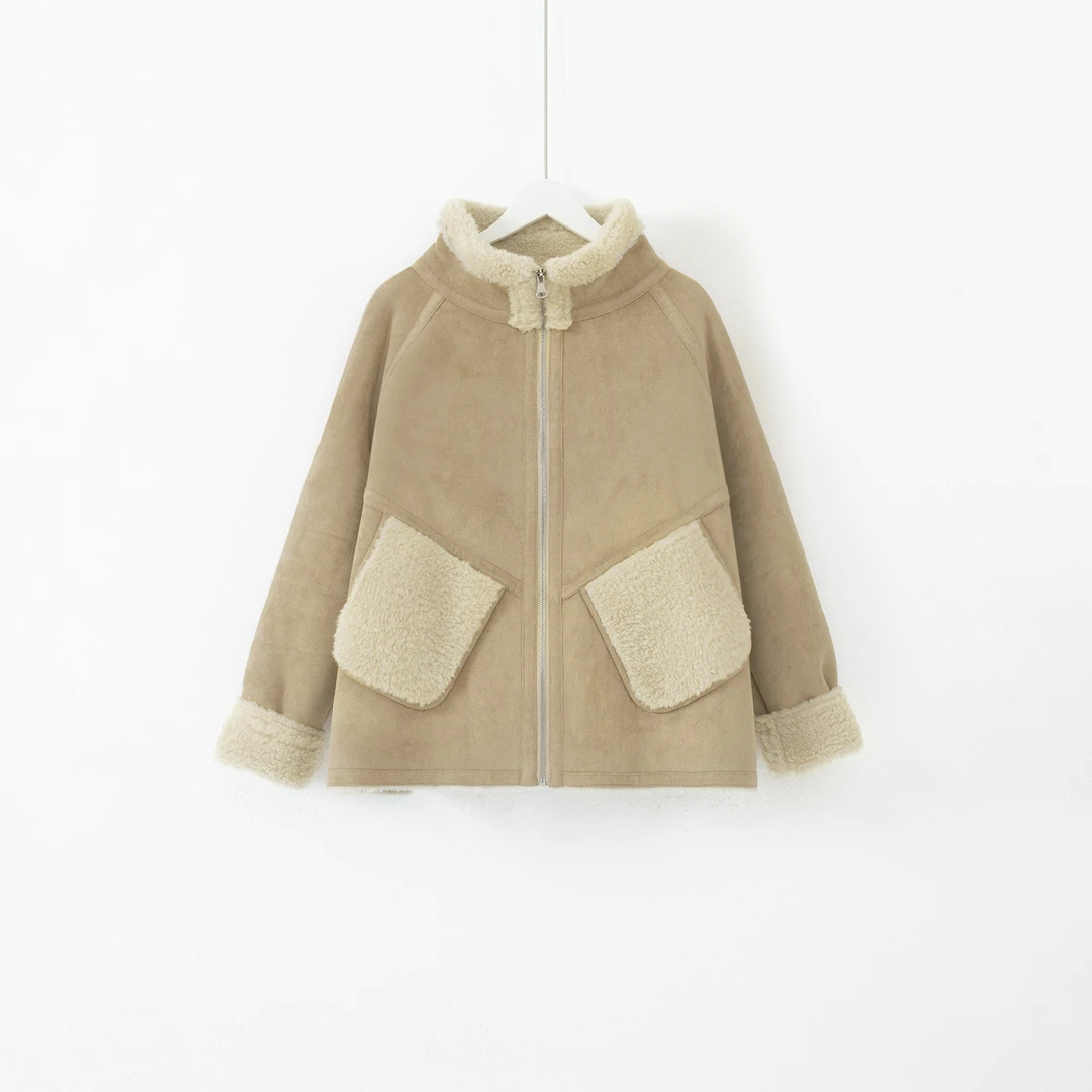 几里与麻 大口袋麂皮绒羊羔毛外套 衣长60胸围119 2100459