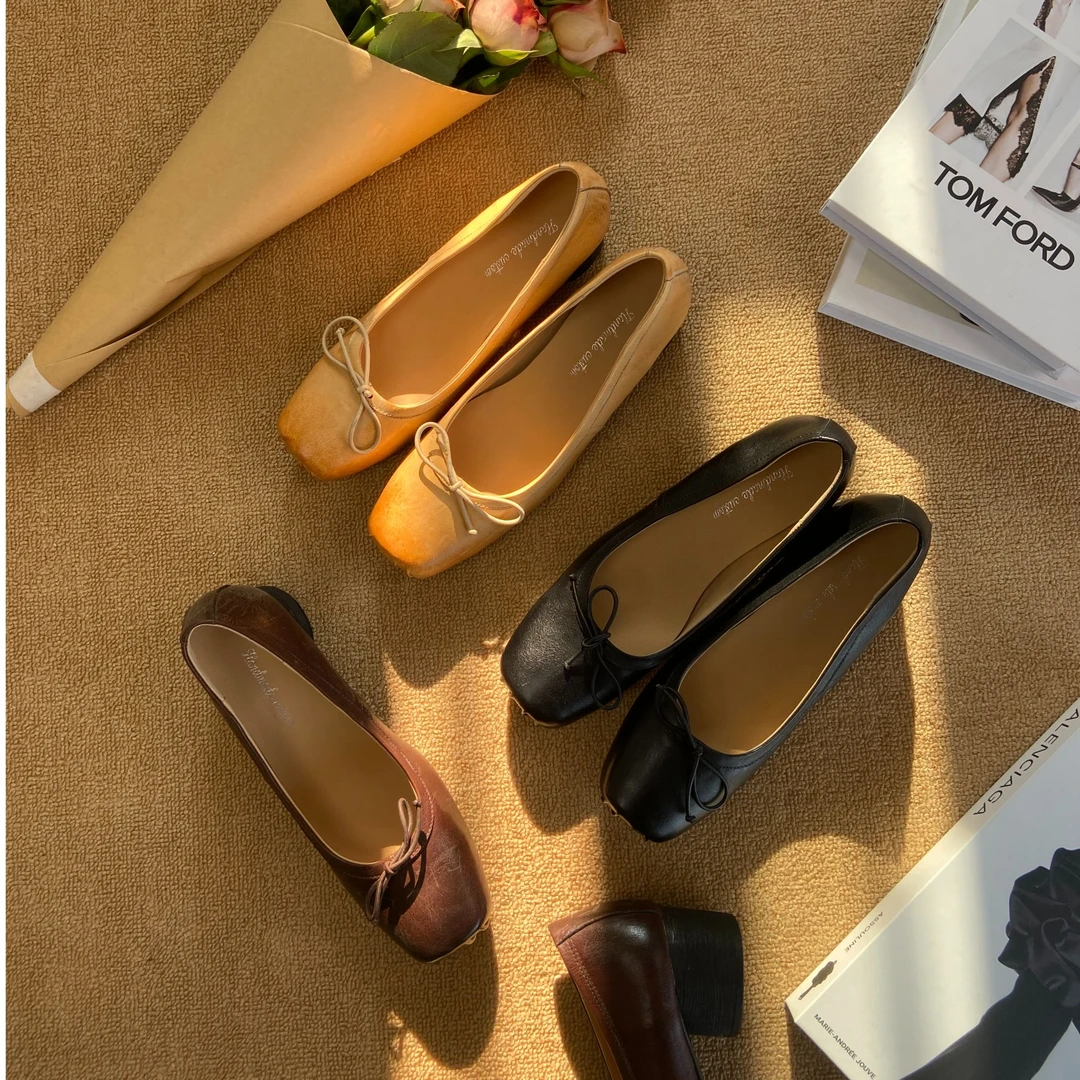 手工真皮水洗马皮复古猪鼻子芭蕾鞋蝴蝶结方头粗高跟玛丽珍单鞋女