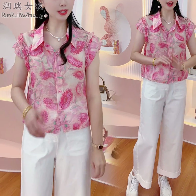 时尚夏季碎花短袖POLO领拼接衬衫女士洋气韩版印花2025减龄小衫潮