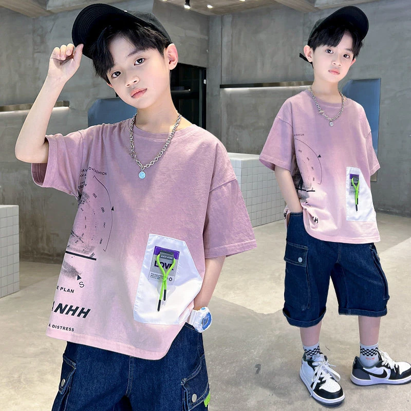 男童纯棉渐变短袖t恤2025夏季新款中大童男孩学生夏装宽松上衣t潮