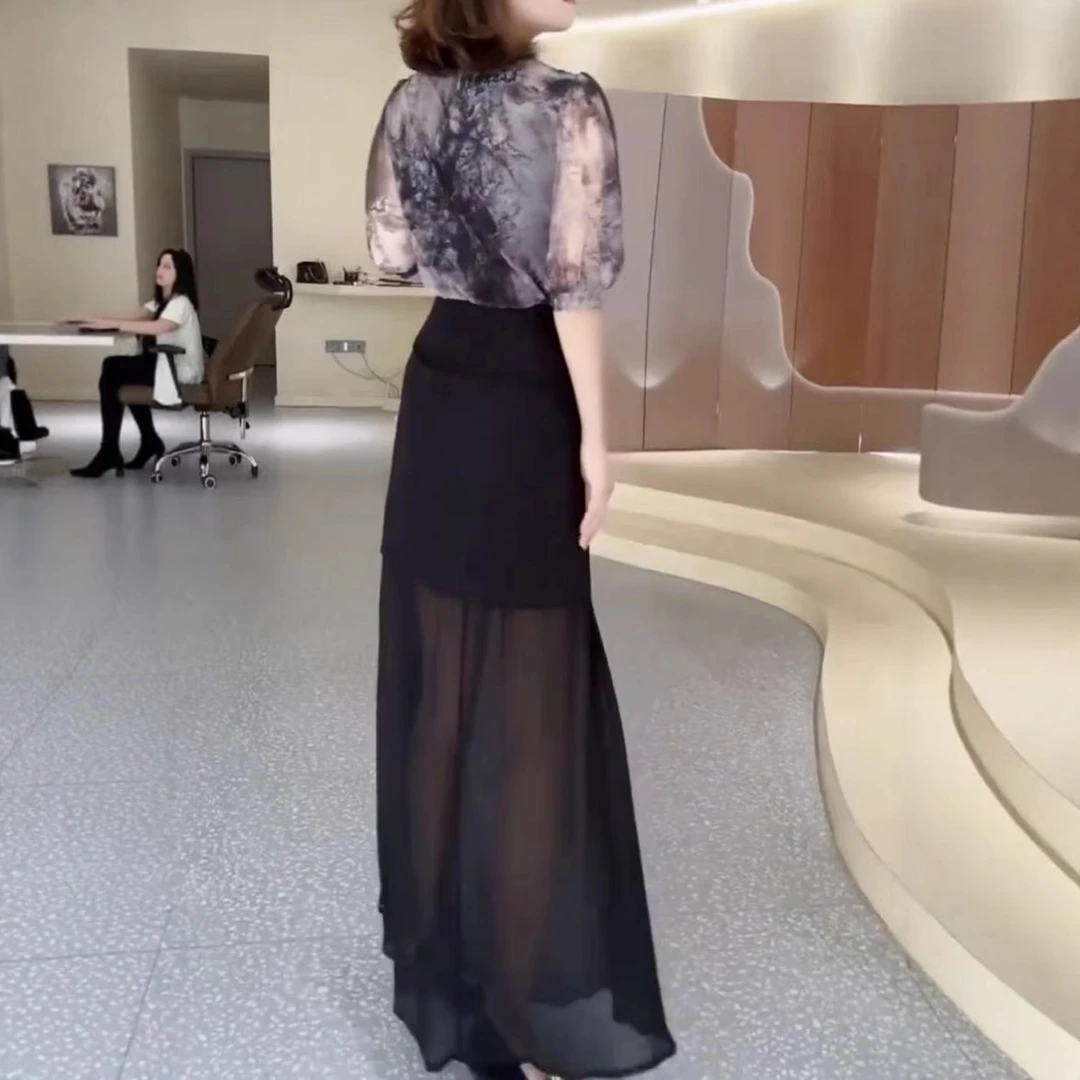 中年妈妈女装2025夏季新款时尚晕染中袖上衣高腰网纱半身裙两件套