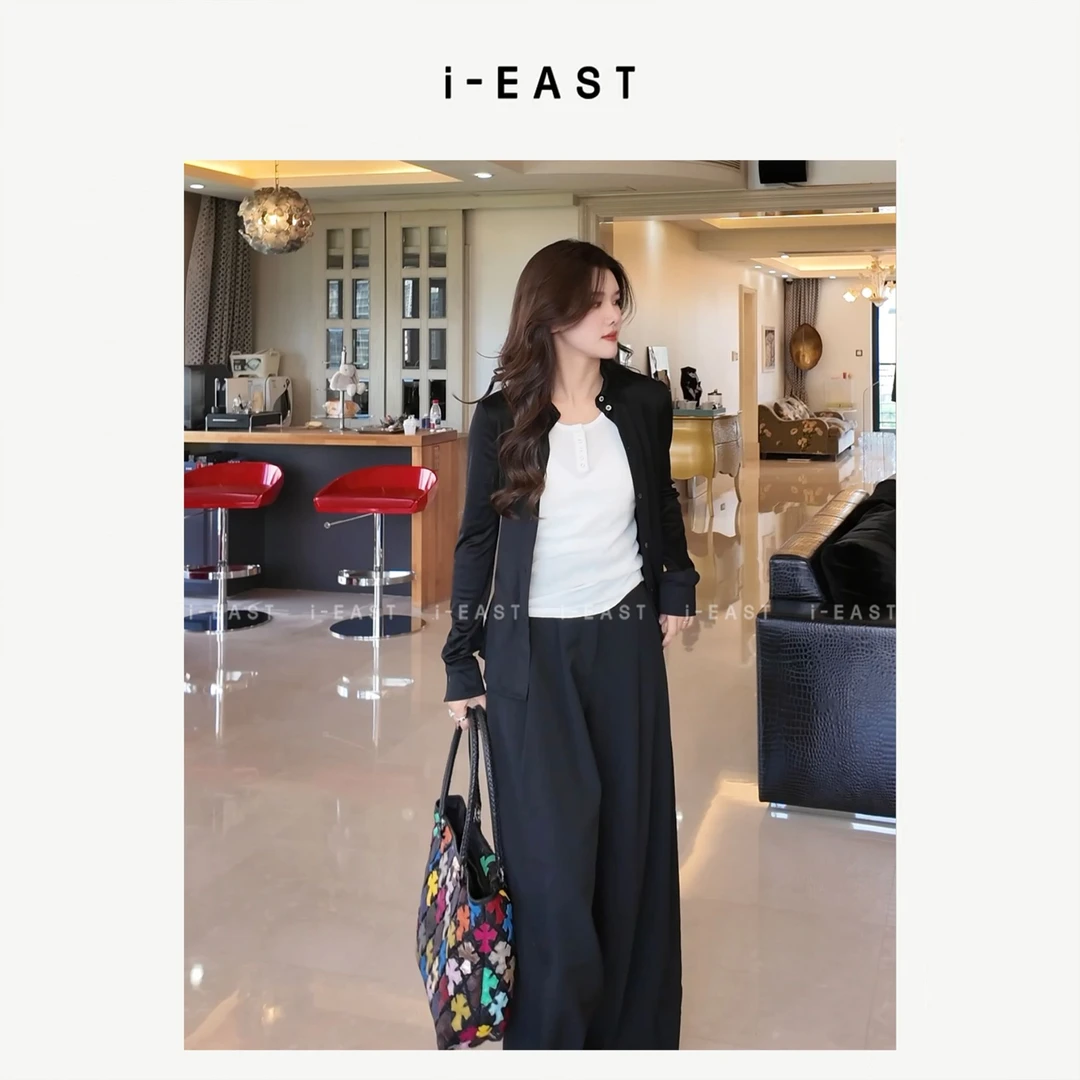 i-EAST 暗系魔女~polo翻领极简百搭衬衫上衣-5Q S25150