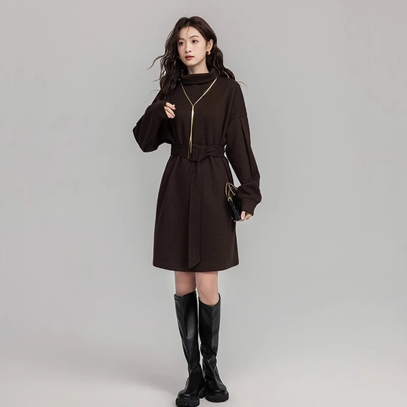 法式轻熟风长袖连衣裙女春秋款极简风纯色高领收腰显瘦卫衣连衣裙