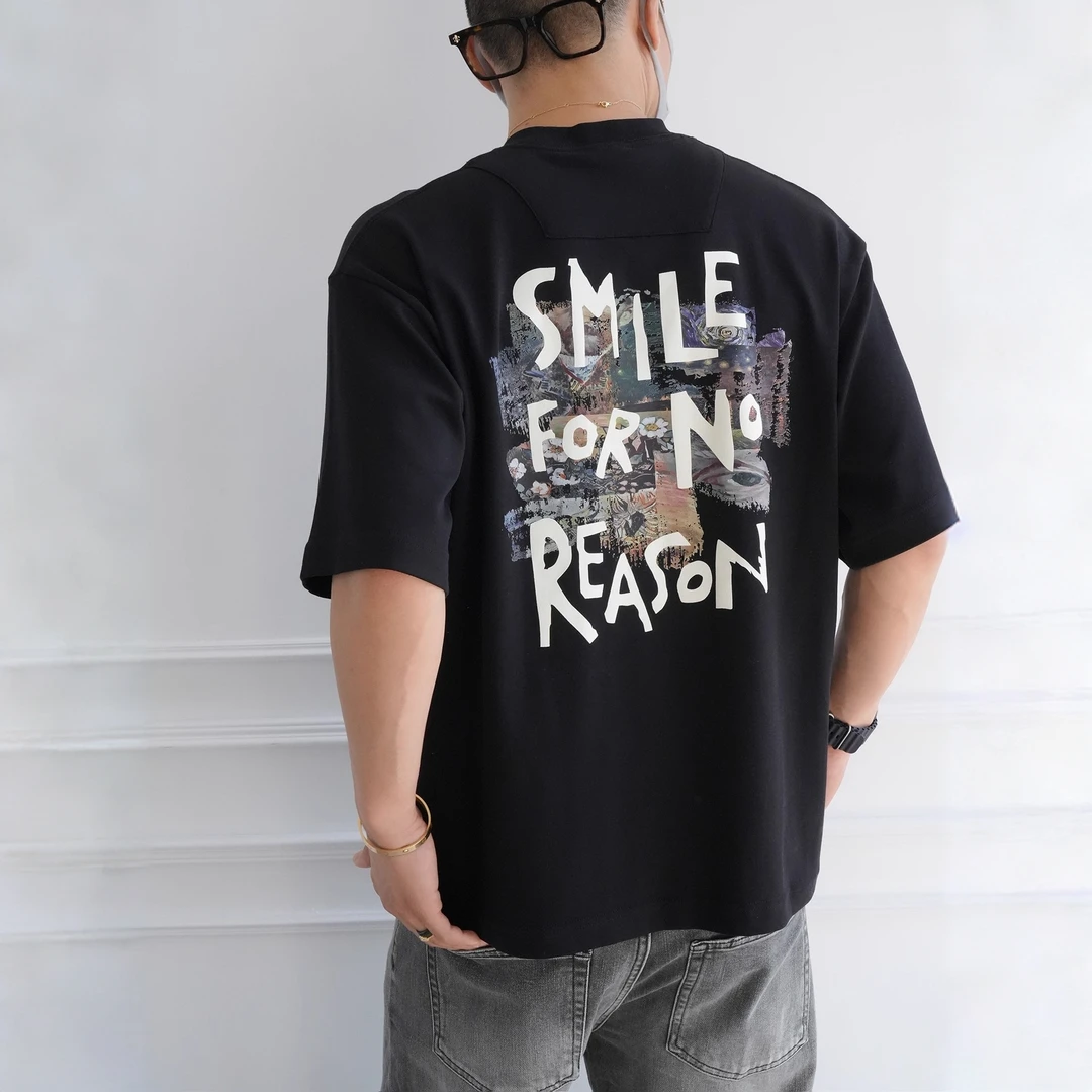 原创趣味涂鸦印花高克重中袖T恤男早秋潮流情侣款宽松百搭半袖衫