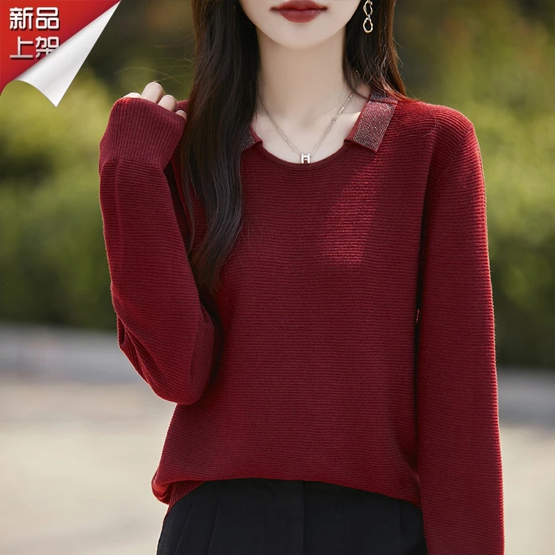 哥弟阿玛施正品早秋烫钻翻领精仿针织打底衫纯色百搭时尚休闲上衣