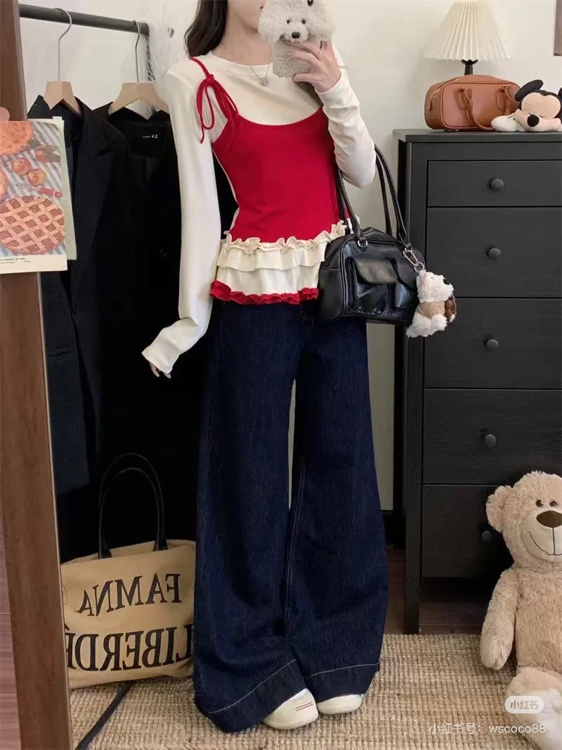 红白花边褶皱小上衣