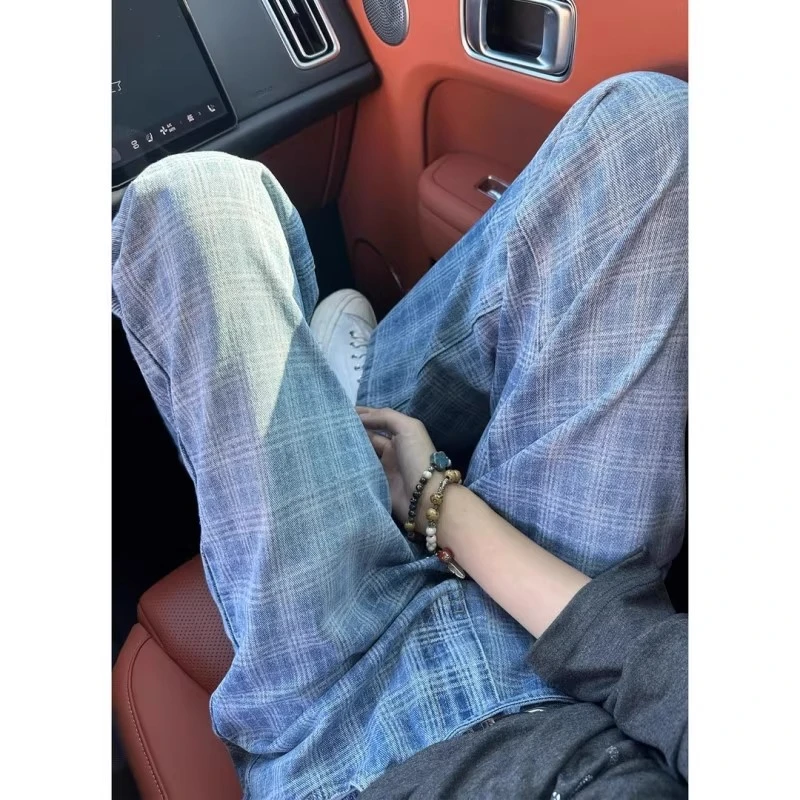 浅蓝色微喇格子牛仔裤男款夏季美式复古vibe裤子设计感格纹弯刀裤