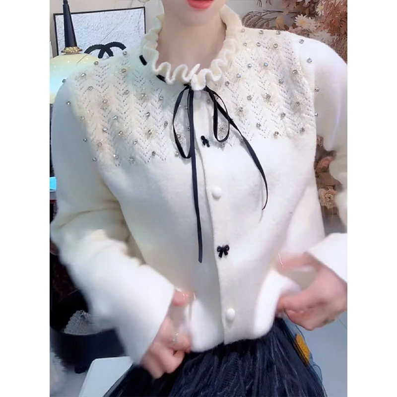 2025秋冬新款蝴蝶结减龄红色毛衣法式重工轻奢烫钻系带针织开衫女