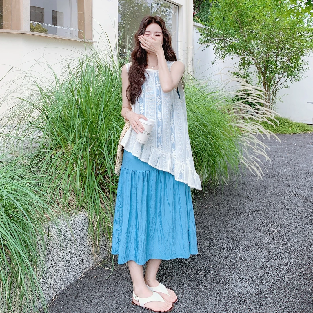 韩系绝美套装裙女夏爆款不规则蕾丝提花罩衫蓝色吊带连衣裙两件套