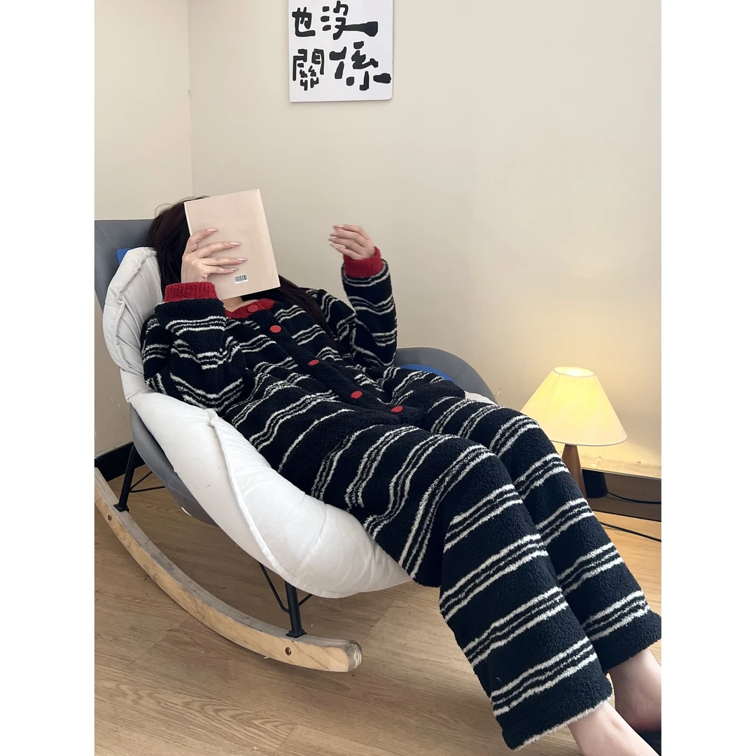 甜美简约复古撞色条纹半边绒睡衣女秋冬季新款加厚保暖套装家居服