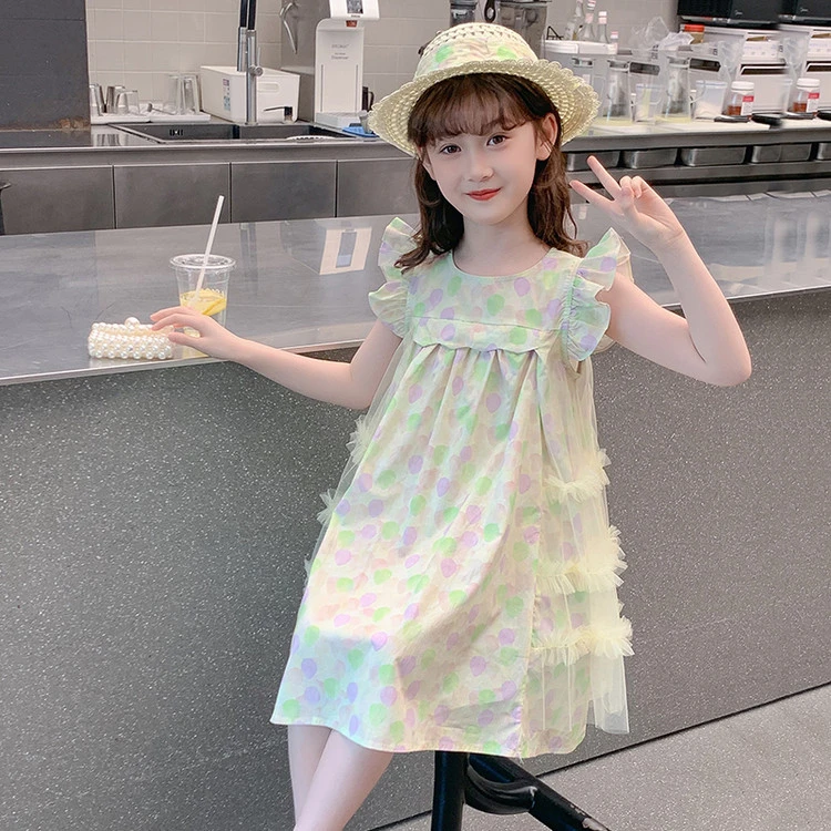 韩版女童日常短袖连衣裙中长款圆领黄绿色适中厚度夏季潮童裙子