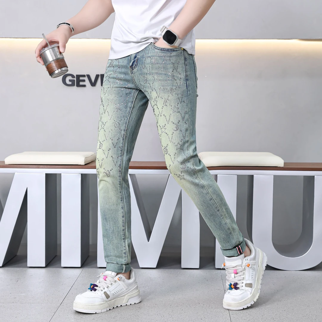 九分/长裤2025春夏牛仔裤男款高端烫钻百搭时尚男士修身小脚裤潮