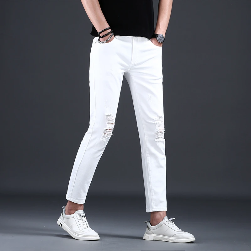 夏季薄款男士破洞九分裤男款爆款2025新款修身小脚痞帅男裤子潮流