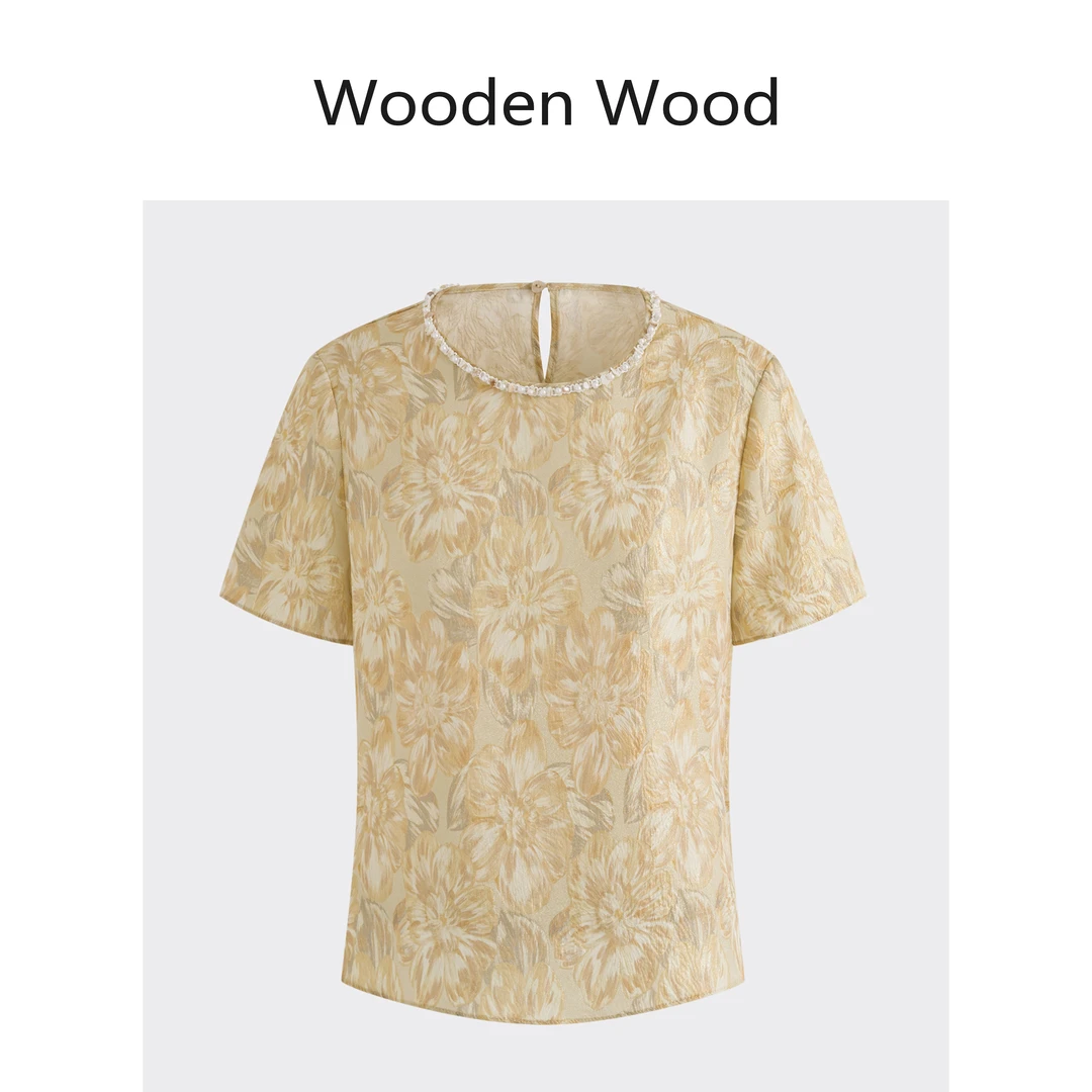 Wooden Wood“香槟玫瑰”高端6A桑蚕丝织金浮雕提花上衣W25XS598