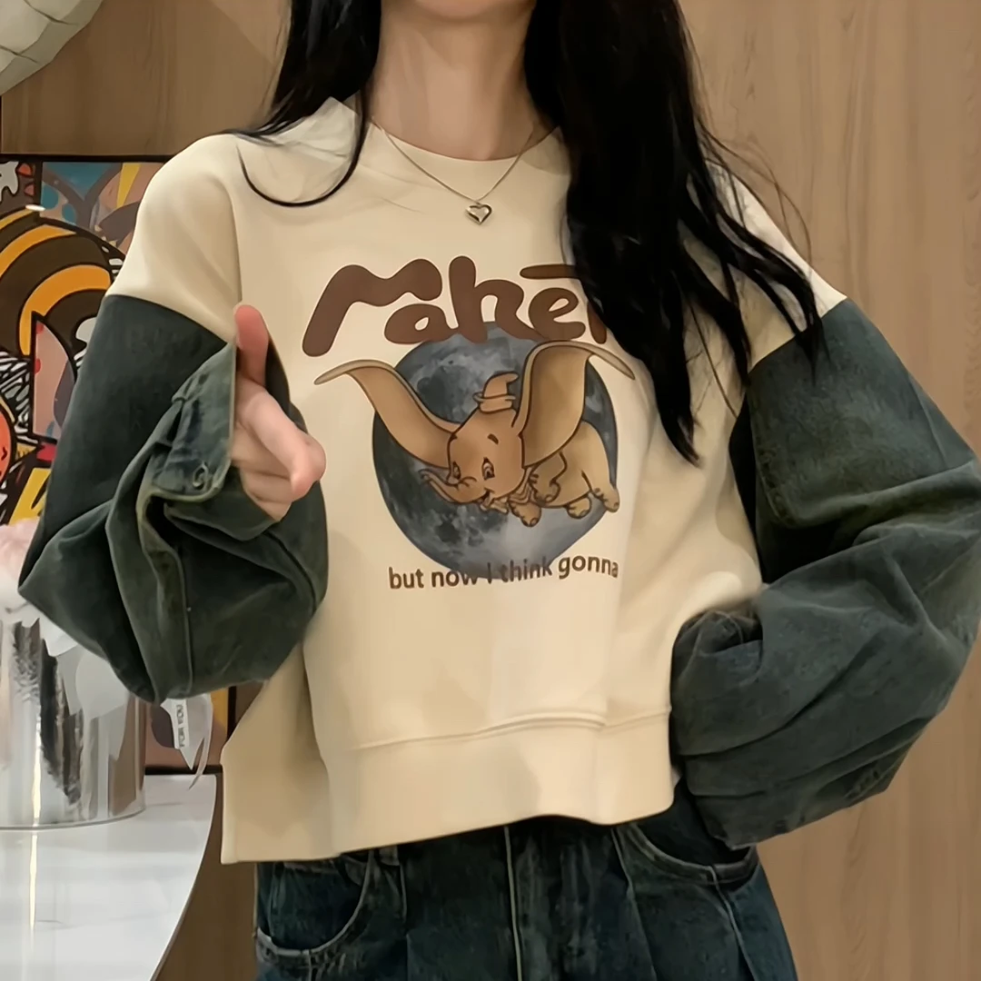 【现货】早春时尚新款2025百搭宽松卡通印花圆领拼接长袖卫衣DM5095